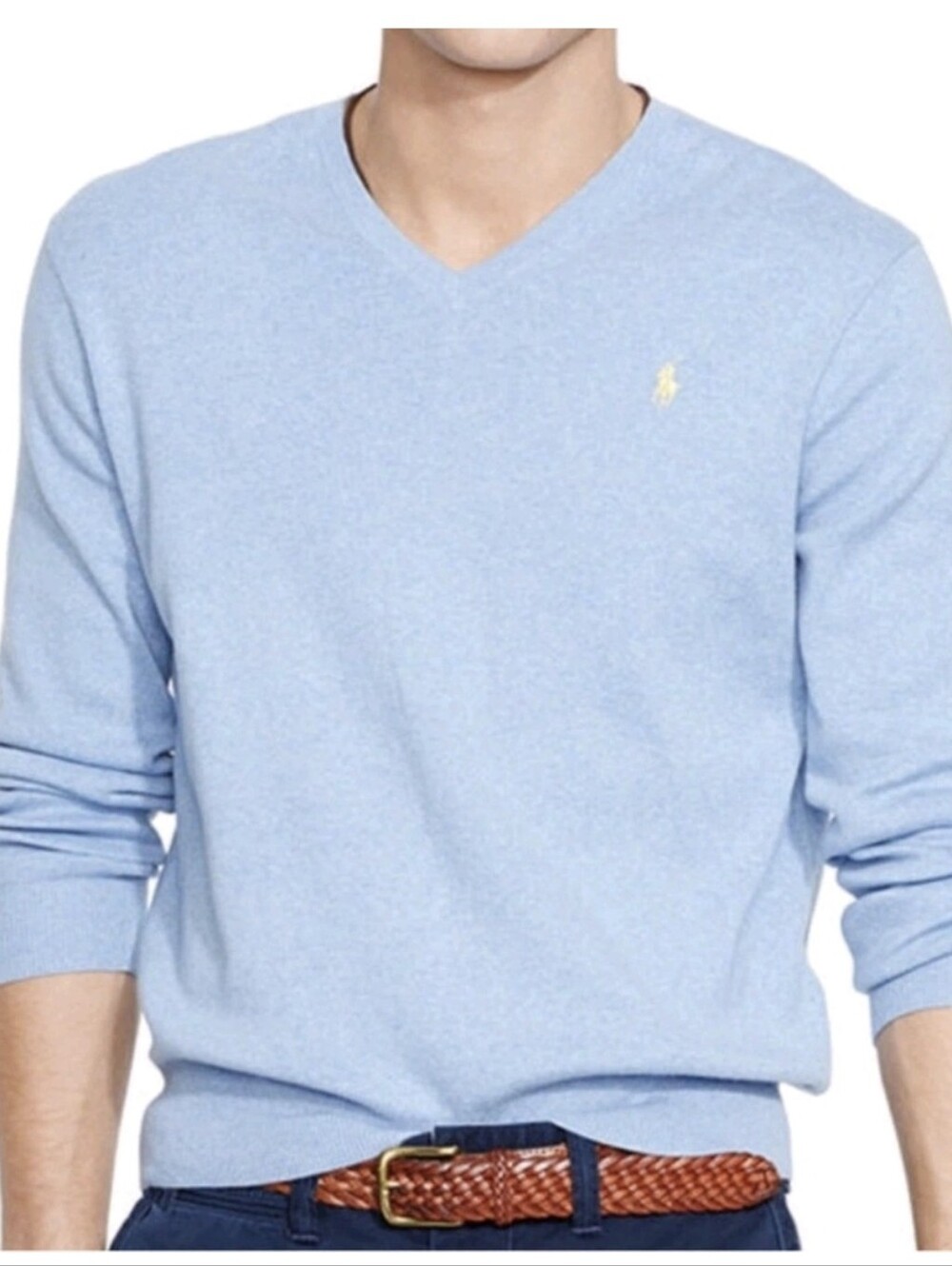 Ralph Lauren Men's Pale Blue V-Neck Sweater Yellow Pony Sz M Preppy Old Money